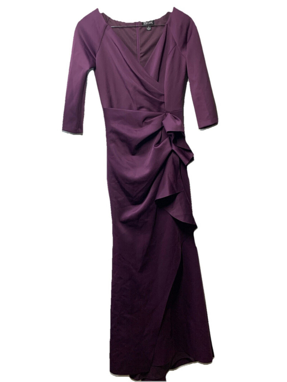 Xscape Women's Long 3/4 Sleeve V-Neck Side Ruched Gown Dress Elegant Size 4